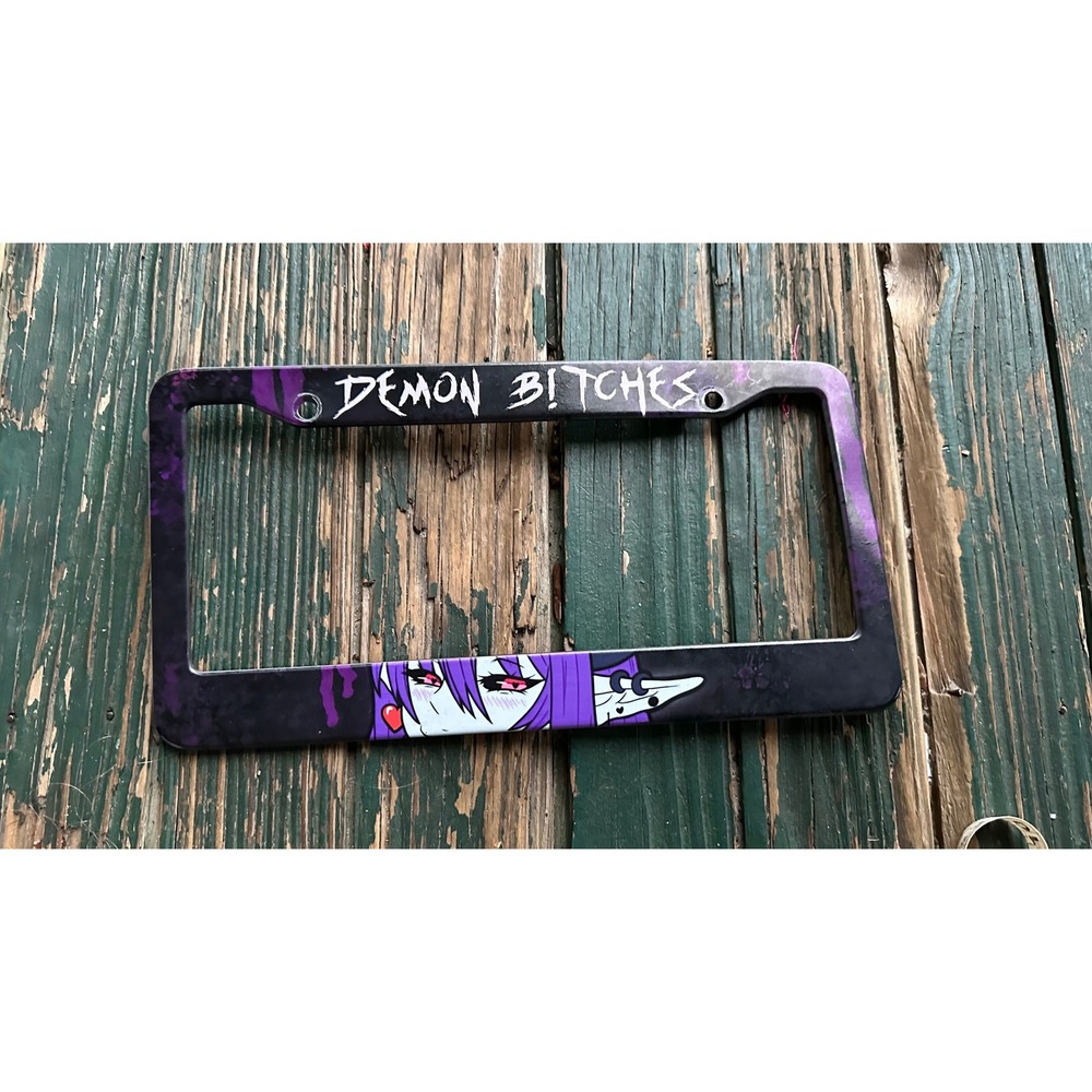 Demon Bitches Anime License Plate Frame Purple Black Metal JDM Style Car Decor